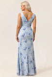 Blue Sheath Open Back Print Floral Chiffon Long Plus Size Bridesmaid Dress