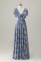 Grey Blue A Line V Neck Burnout Velvet Maxi Bridesmaid Dress with Cape Sleeves