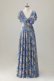 Grey Blue A Line V Neck Burnout Velvet Maxi Bridesmaid Dress with Cape Sleeves