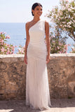 White Black Polka Dot One Shoulder Ruched Sheath Maxi Dress