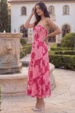 Hot Pink Floral A Line Strapless Corset Midi Wedding Guest Dress