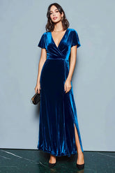 Dark Blue A Line Velvet Holiday Party Dress with Slit