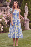 One Shoulder Blue Floral A Line Ruffled Midi Wedding Guest Dress