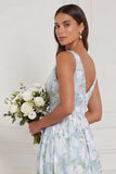 Blue White Flower V Neck A Line Long Bridesmaid Dress with Slit