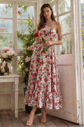 One Shoulder Pink A Line Floral Midi Wedding Guest Dress