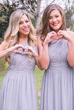 Dusty Blue One Shoulder Chiffon Long Boho Pleated Bridesmaid Dress
