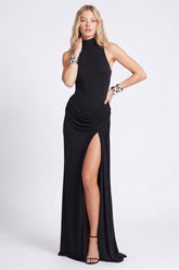 Black High Neck Sheath Ruched Formal Dress with Slit