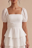 White A Line Tiered Ruffle Square Neck Mini Dress with Puff Sleeves