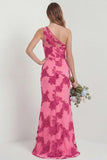 Hot Pink One Shoulder Embroidered Mermaid Long Bridesmaid Dress with Slit