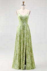 Sage Green Floral A Line Jacquard Spaghetti Strap Maxi Dress with Slit