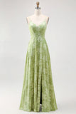 Sage Green Floral A Line Jacquard Spaghetti Strap Maxi Dress with Slit
