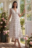 White Floral A Line Midi Wedding Guest Dress with Short Sleeves