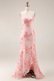Blush Ruffled Appliqued Long Prom Dress with Slit