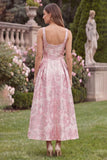 Pink A Line Floral Jacquard Bow Midi Wedding Guest Dress