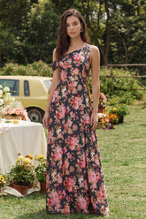 Pink Floral A Line Asymmetrical Neck Maxi Wedding Guest Dress