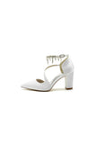 White Satin Pump with Pearl Embedded Chain Heel