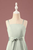Matcha A line Spaghetti Straps Long Satin Junior Bridesmaid Dress