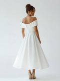 A Line Satin Tea Length White Off the Shoulder Wedding Dress