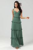 Elegant Eucalyptus A Line Spaghetti Straps Chiffon Long Bridesmaid Dress