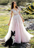 Pink and White Lace Appliques Long Sleeves Tulle Wedding Dresses with Belt