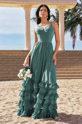 A Line Spaghetti Straps Corset Long Ruffled Eucalyptus Bridesmaid Dress with Slit