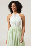 A Line Halter Neck Dusty Sage Lace and Chiffon Long Bridesmaid Dress