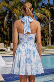 Light Blue Floral Halter A Line Homecoming Dress