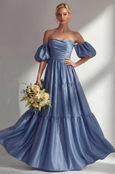 Off the Shoulder A Line Steel Blue Long Prom Dress with Removable Sleeves