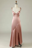 Blush Asymmetrical Spaghetti Straps Bridesmaid Dress with Slit