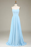 Sky Blue A Line Spaghetti Straps Chiffon Long Bridesmaid Dress