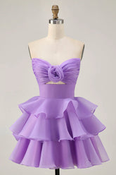 Tiered Cute A Line Strapless Cut Out Purple Homecoming Dress