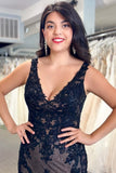 Black Tulle Appliques V Neck Trumpet Long Wedding Dress