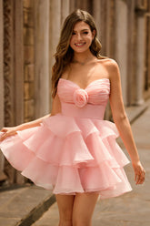 Cute Blush A Line Strapless Ruffled Homecoming Dress with 3D Flower