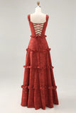 Terracotta A line Ruffled Floral Burnout Maxi Bridesmaid Dress with Lace Up Back