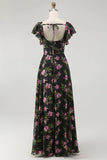 Black Pink Flower A Line Square Neck Printed Long Bridesmaid Dress with Flutter Sleeves