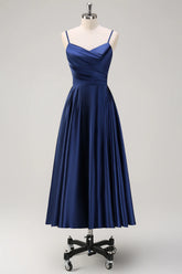 Dark Navy A Line Spaghetti Straps Pleated Midi Dress
