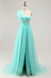 Mint Green A Line One Shoulder Sheer Corset Tulle Long Prom Dress with Slit
