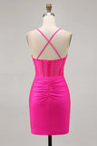Fuchsia Spaghetti Straps Corset Ruched Tight Short Homecoming Dress