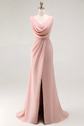 Blush Pink Sheath Lace Up Back Ruched Long Bridesmaid Dress with Slit