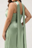 Sage Sheath Spaghetti Straps Streamer Long Satin Plus Size Bridesmaid Dress with Slit