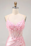 Candy Pink Bodycon Beaded Sheer Corset Short Homecoming Dress with Appliques