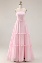 Blushing Pink A Line Strapless Chiffon Long Bridesmaid Dress with Slit