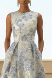 Dusty Blue A Line Floral Wedding Guest Dress with Pockets