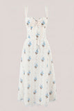 White Warm Rose Print Cotton Ruffled Midi Dress