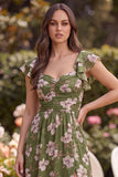 Green Flower A Line Square Neck Wedding Guest Dress with Slit