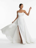 A Line Strapless White Satin Wedding Dresses with Slit
