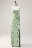Sage White Flower Sheath Streamer Long Satin Bridesmaid Dress with Slit