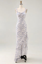 Blue Flower Sheath Chiffon Bridesmaid Dress with Ruffled Slit