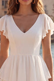 White Tiered V Neck Ruffled A Line Mini Dress