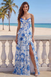 Strapless White Blue Flower A Line Tiered Corset Long Prom Dress with Slit